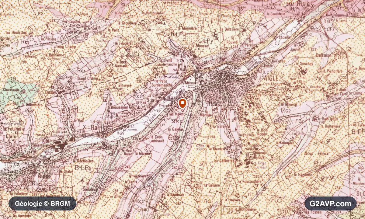 Carte géologique BRGM au 1/50 000 du secteur de L'Aigle : argiles en formations dominantes, repère au centre de la commune