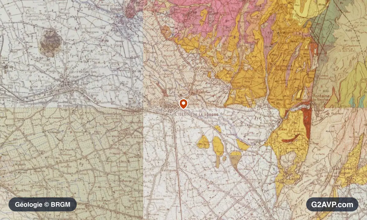 Carte géologique BRGM au 1/50 000 du secteur de L'Isle-sur-la-Sorgue : sables en formations dominantes, repère au centre de la commune
