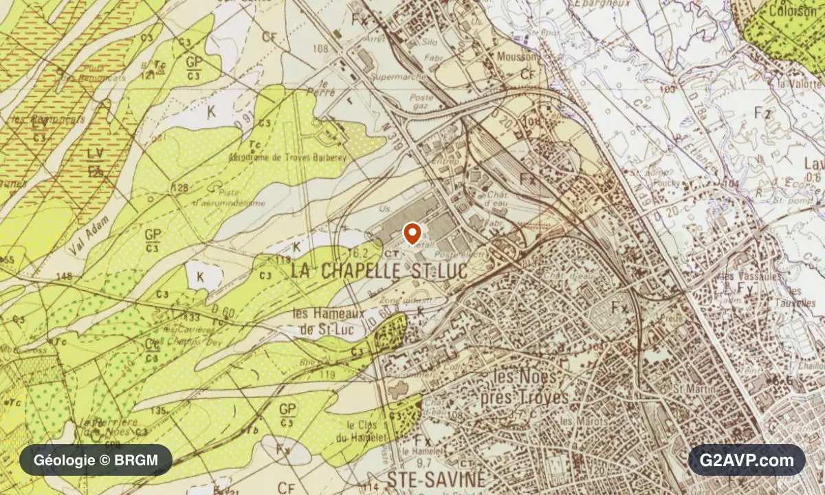 Carte géologique BRGM au 1/50 000 du secteur de La Chapelle-Saint-Luc : craie en formations dominantes, repère au centre de la commune
