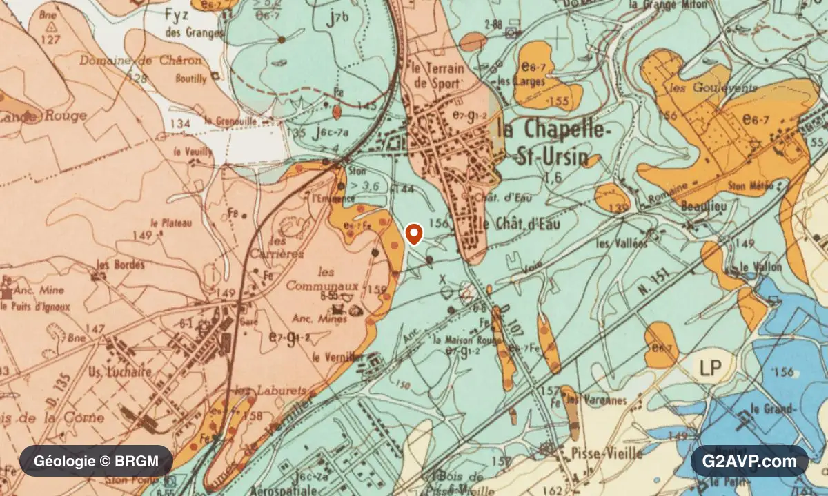 Carte géologique BRGM au 1/50 000 du secteur de La Chapelle-Saint-Ursin : calcaires, marnes et gypse en formations dominantes, repère au centre de la commune