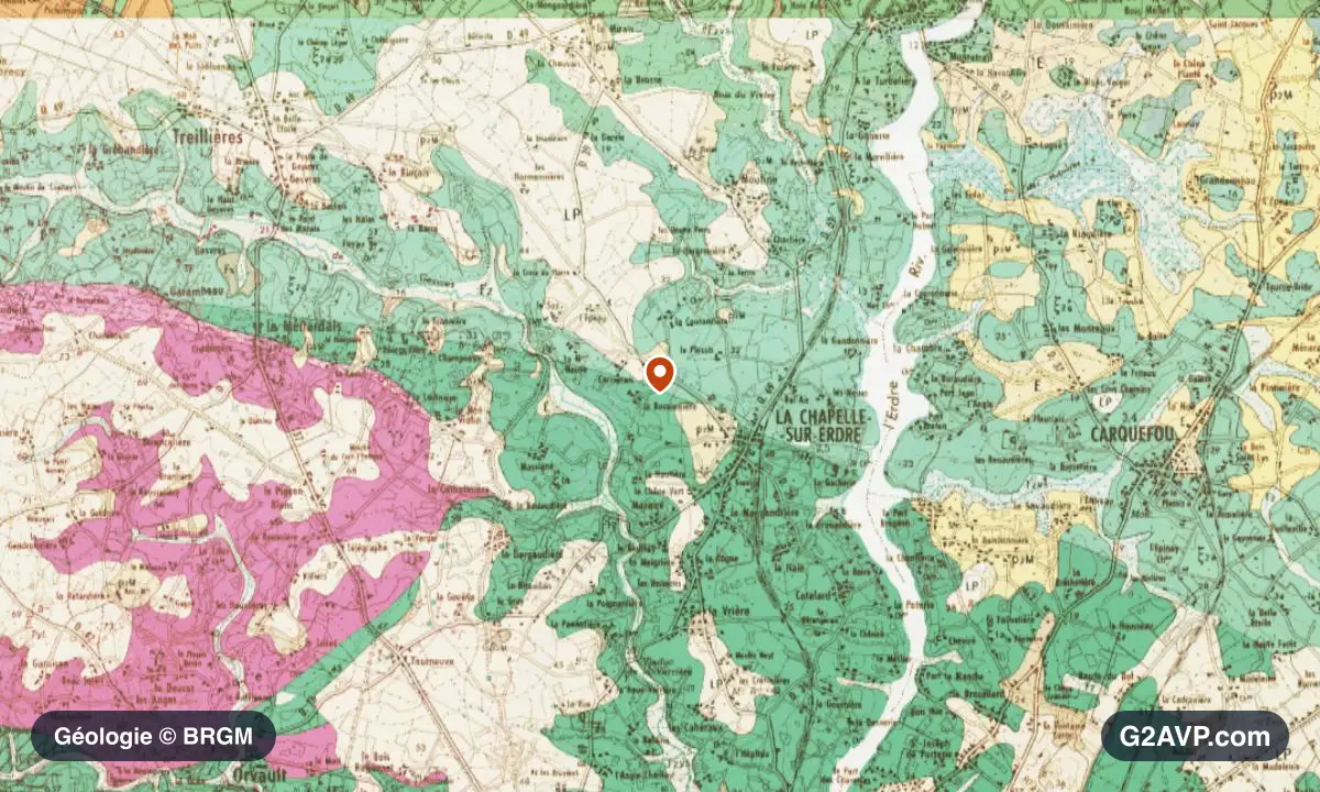 Carte géologique BRGM au 1/50 000 du secteur de La Chapelle-sur-Erdre : micaschistes en formations dominantes, repère au centre de la commune