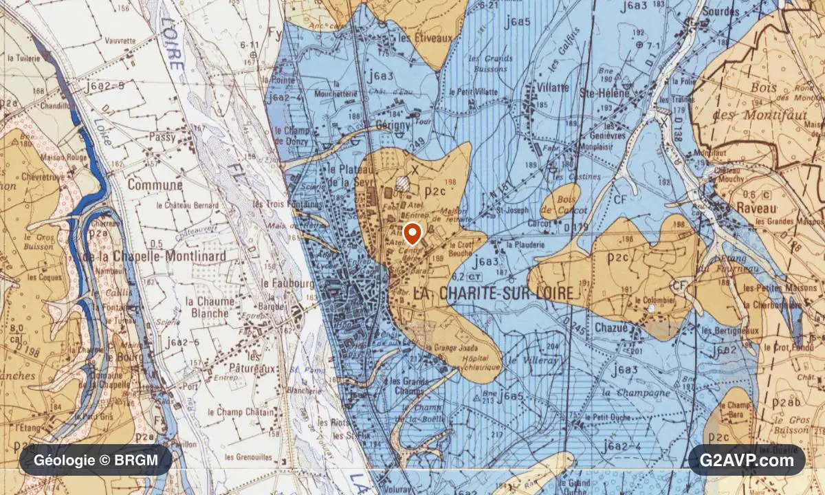 Carte géologique BRGM au 1/50 000 du secteur de La Charité-sur-Loire : calcaires, marnes et gypse en formations dominantes, repère au centre de la commune