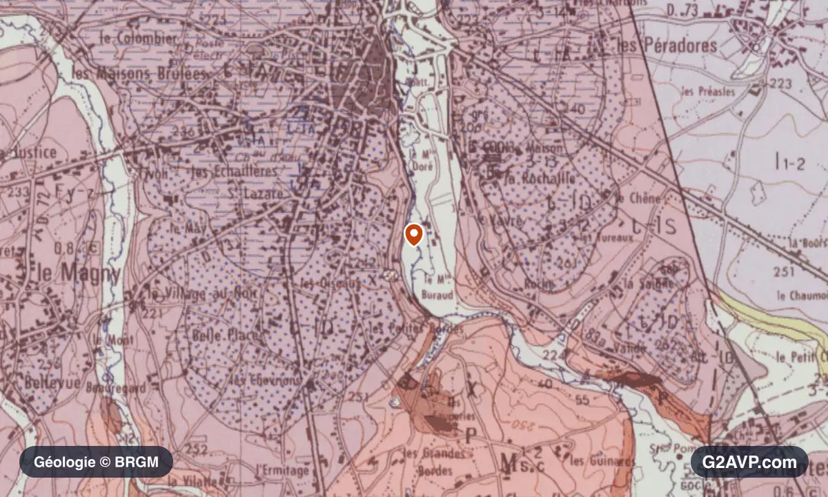 Carte géologique BRGM au 1/50 000 du secteur de La Châtre : gneiss en formations dominantes, repère au centre de la commune