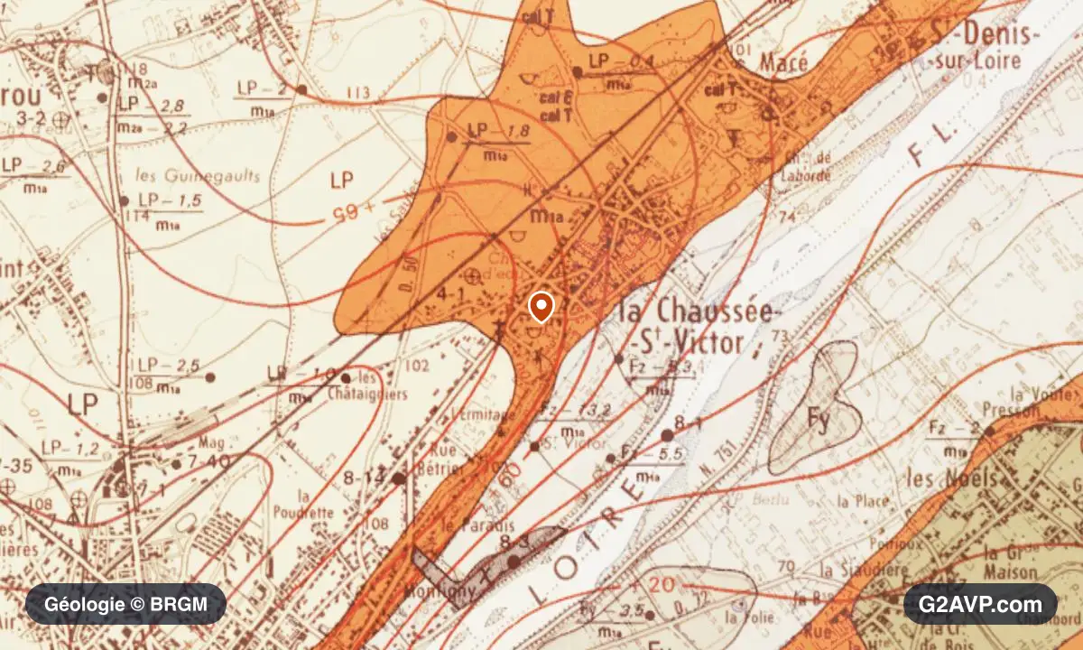 Carte géologique BRGM au 1/50 000 du secteur de La Chaussée-Saint-Victor : calcaires, marnes et gypse en formations dominantes, repère au centre de la commune