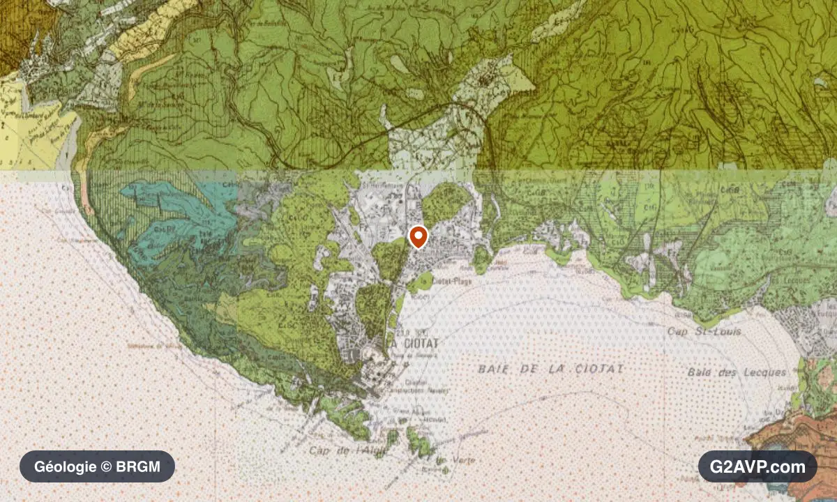Carte géologique BRGM au 1/50 000 du secteur de La Ciotat : craie en formations dominantes, repère au centre de la commune
