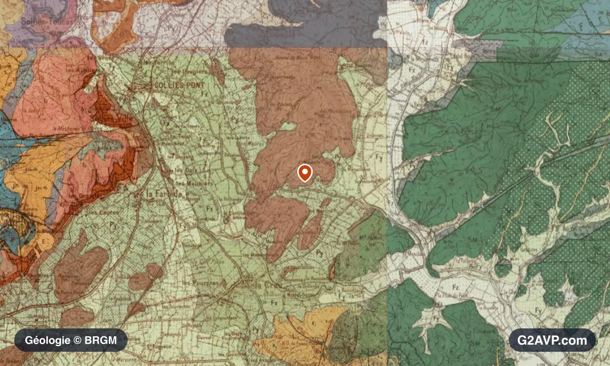 Carte géologique BRGM au 1/50 000 du secteur de La Crau : argiles en formations dominantes, repère au centre de la commune