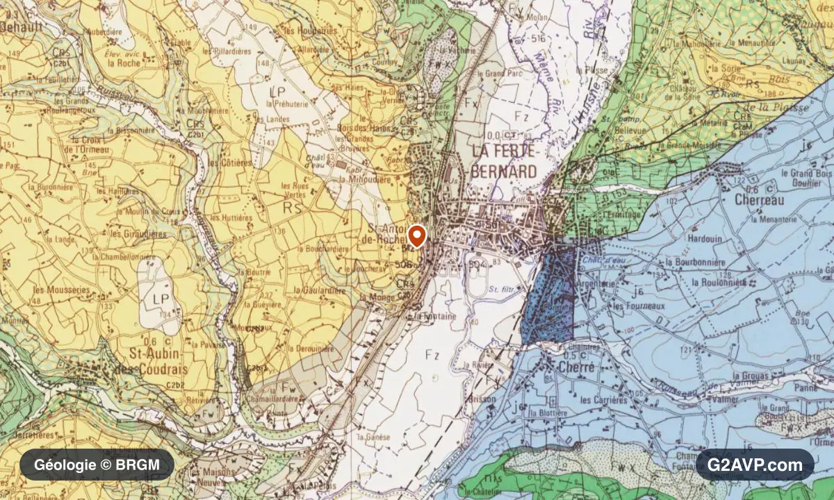 Carte géologique BRGM au 1/50 000 du secteur de La Ferté-Bernard : craie en formations dominantes, repère au centre de la commune
