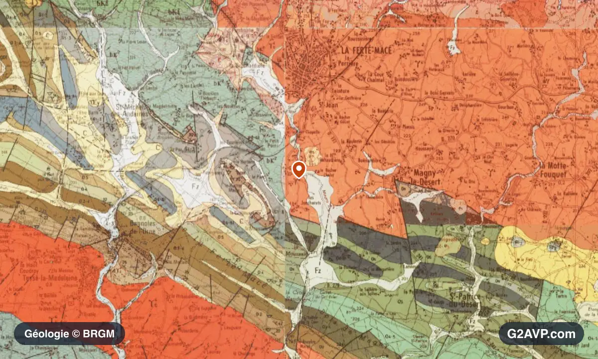 Carte géologique BRGM au 1/50 000 du secteur de La Ferté Macé : schistes et grès en formations dominantes, repère au centre de la commune