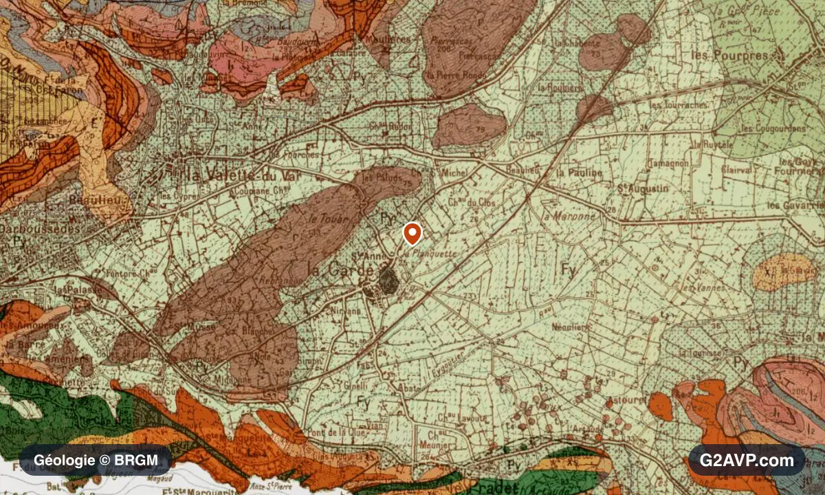 Carte géologique BRGM au 1/50 000 du secteur de La Garde : grès en formations dominantes, repère au centre de la commune