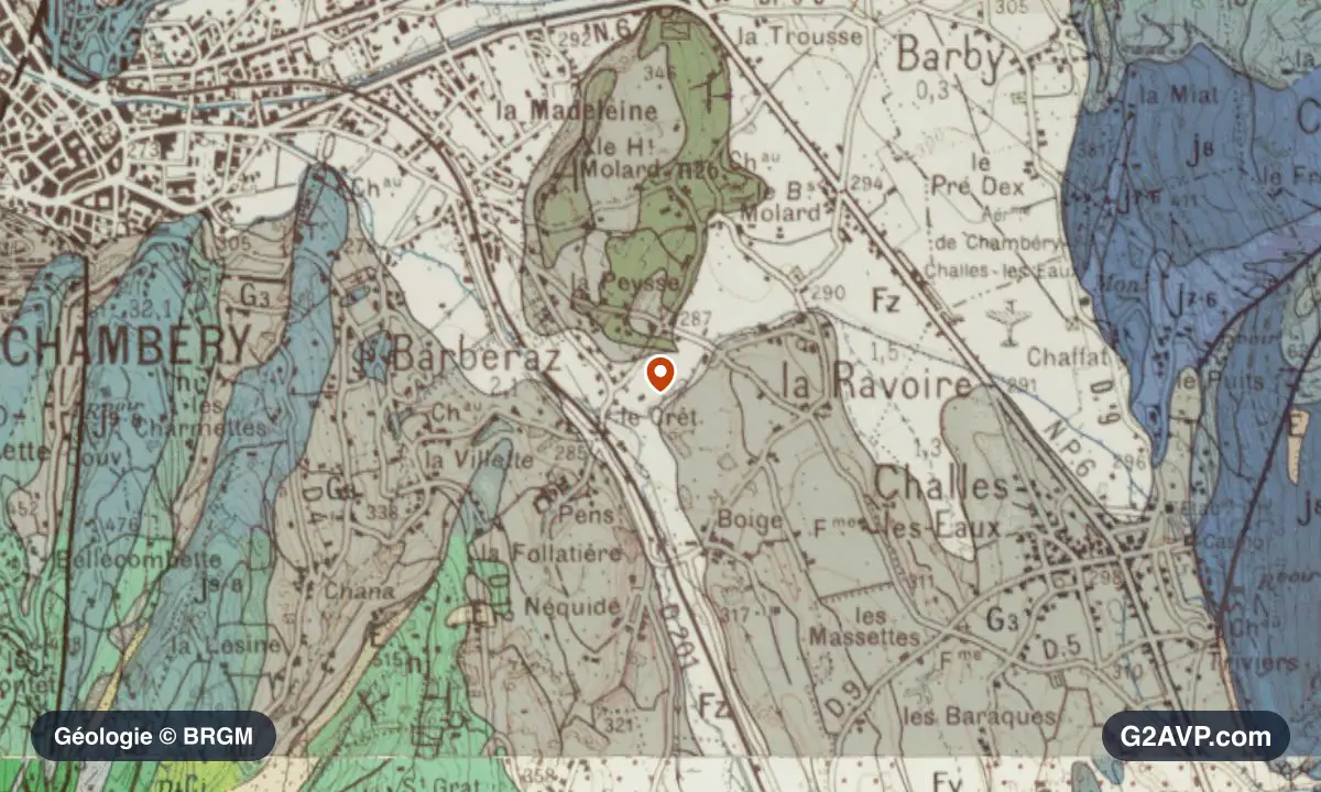 Carte géologique BRGM au 1/50 000 du secteur de La Ravoire : argiles en formations dominantes, repère au centre de la commune