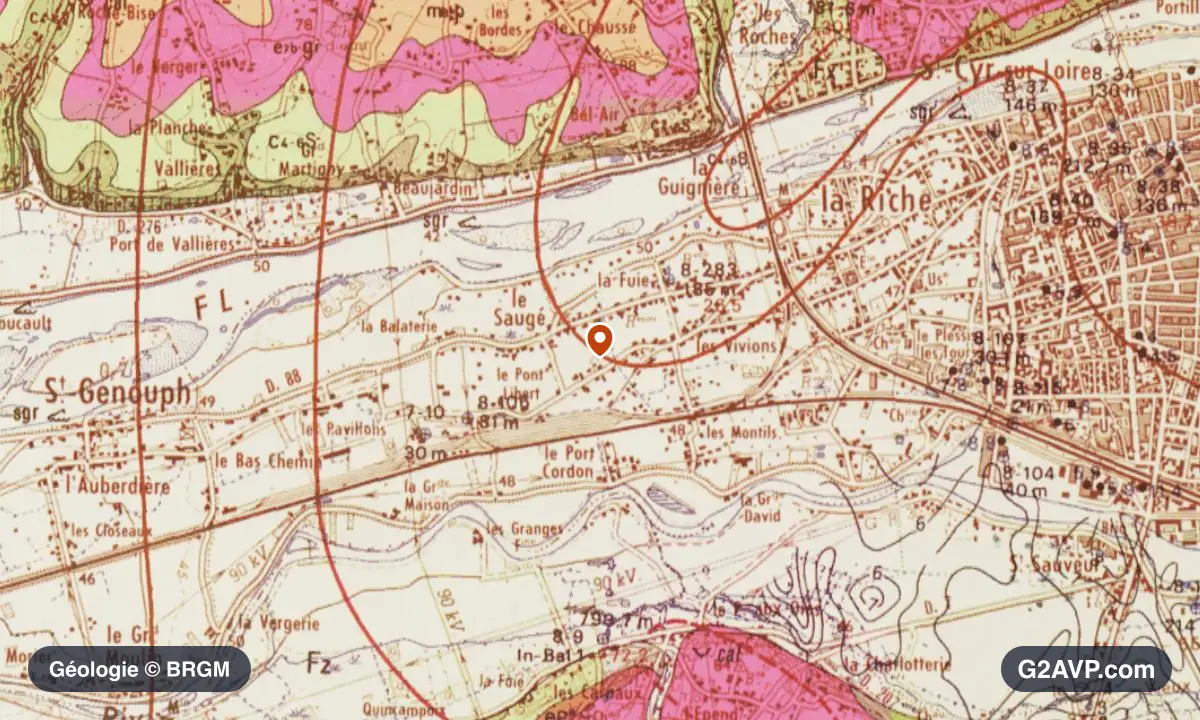 Carte géologique BRGM au 1/50 000 du secteur de La Riche : calcaires, marnes et gypse en formations dominantes, repère au centre de la commune