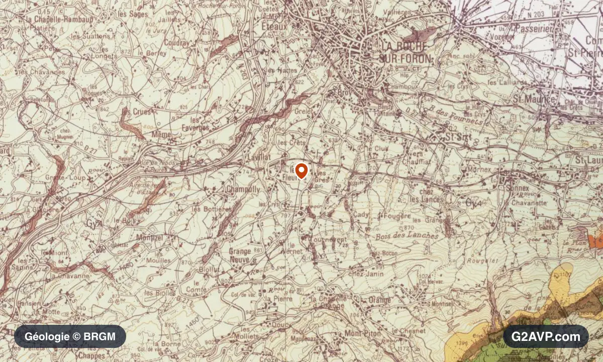 Carte géologique BRGM au 1/50 000 du secteur de La Roche-sur-Foron : argiles en formations dominantes, repère au centre de la commune