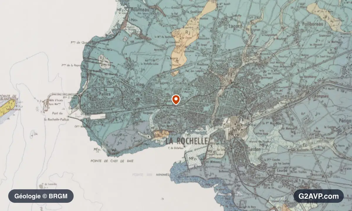 Carte géologique BRGM au 1/50 000 du secteur de La Rochelle : calcaires, marnes et gypse en formations dominantes, repère au centre de la commune