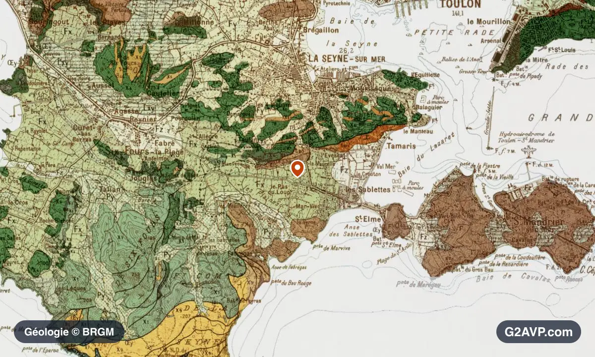 Carte géologique BRGM au 1/50 000 du secteur de La Seyne-sur-Mer : grès en formations dominantes, repère au centre de la commune