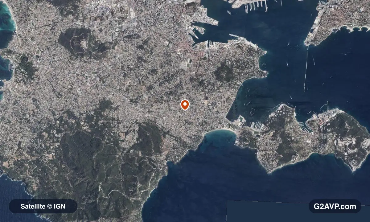 Vue satellite (orthophoto IGN) du secteur de La Seyne-sur-Mer, même emprise que la carte géologique
