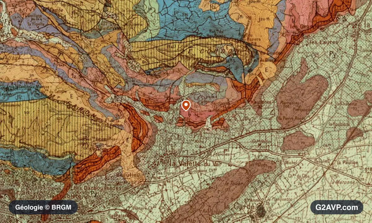 Carte géologique BRGM au 1/50 000 du secteur de La Valette-du-Var : grès en formations dominantes, repère au centre de la commune