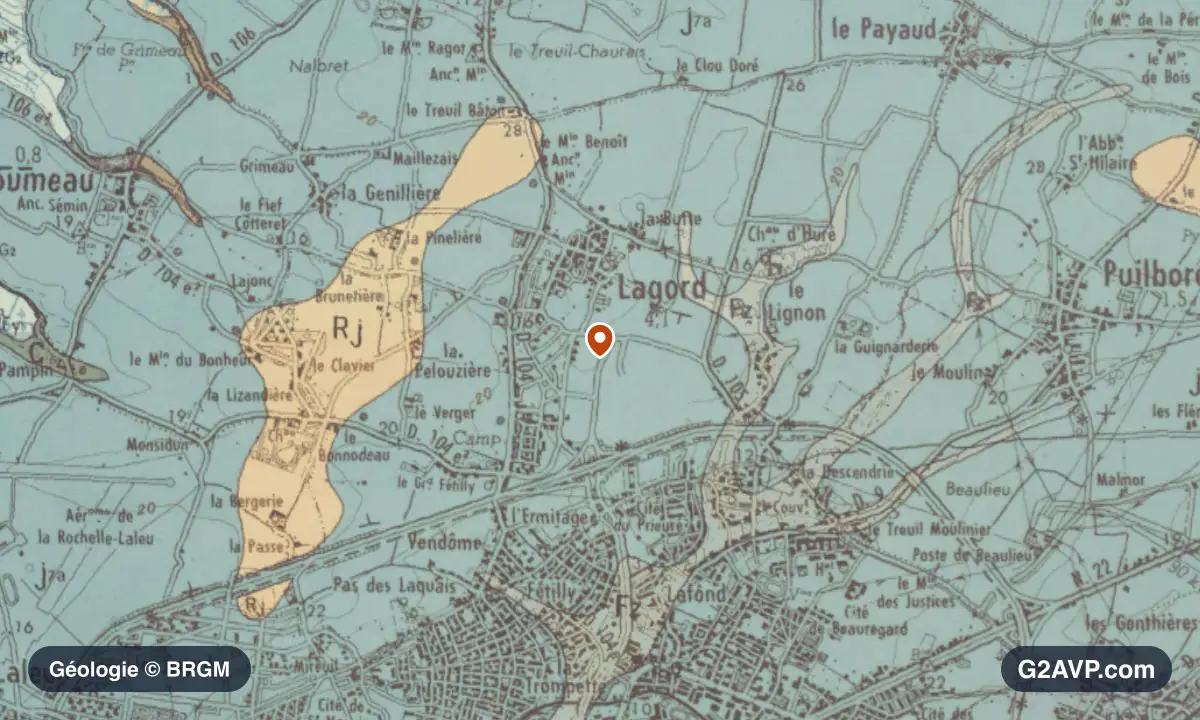 Carte géologique BRGM au 1/50 000 du secteur de Lagord : calcaires, marnes et gypse en formations dominantes, repère au centre de la commune