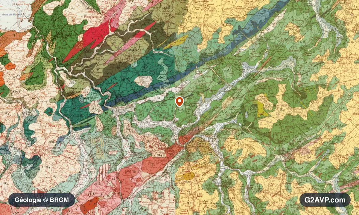 Carte géologique BRGM au 1/50 000 du secteur de Lamballe-Armor : granites en formations dominantes, repère au centre de la commune