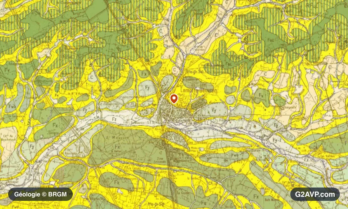 Carte géologique BRGM au 1/50 000 du secteur de Lamotte-Beuvron : argiles en formations dominantes, repère au centre de la commune