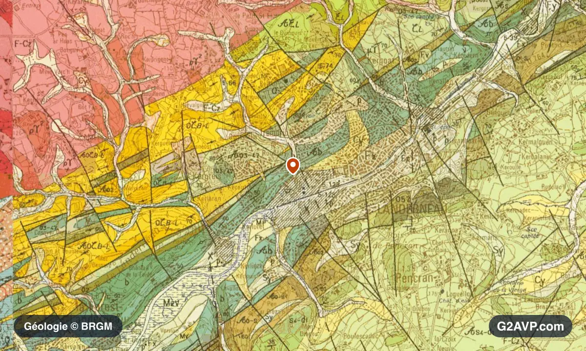 Carte géologique BRGM au 1/50 000 du secteur de Landerneau : schistes et grès en formations dominantes, repère au centre de la commune