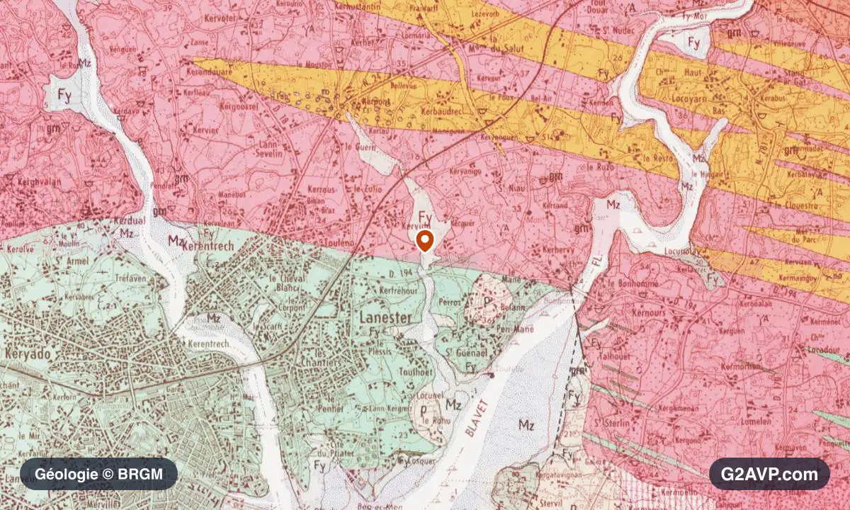 Carte géologique BRGM au 1/50 000 du secteur de Lanester : micaschistes en formations dominantes, repère au centre de la commune