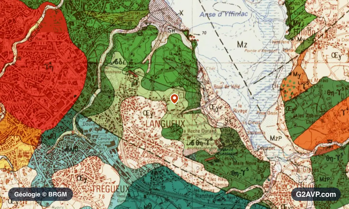 Carte géologique BRGM au 1/50 000 du secteur de Langueux : gneiss en formations dominantes, repère au centre de la commune