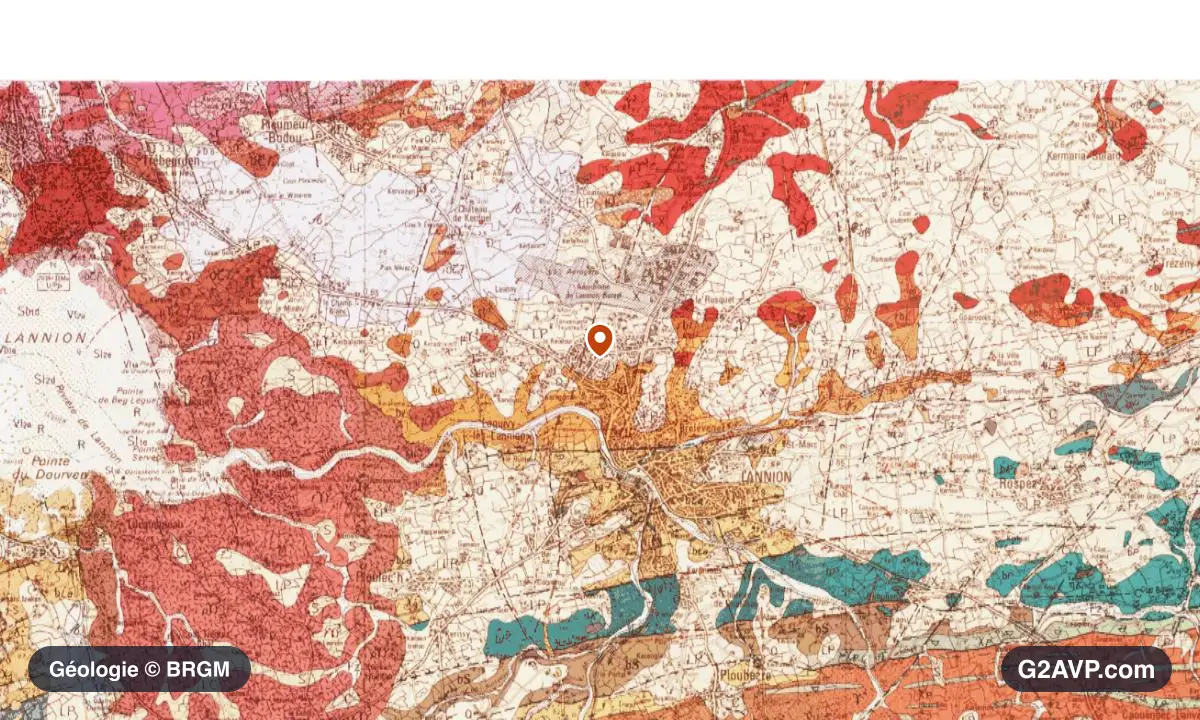 Carte géologique BRGM au 1/50 000 du secteur de Lannion : granites en formations dominantes, repère au centre de la commune
