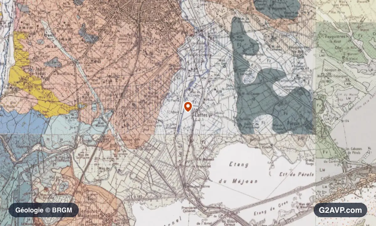 Carte géologique BRGM au 1/50 000 du secteur de Lattes : sables en formations dominantes, repère au centre de la commune