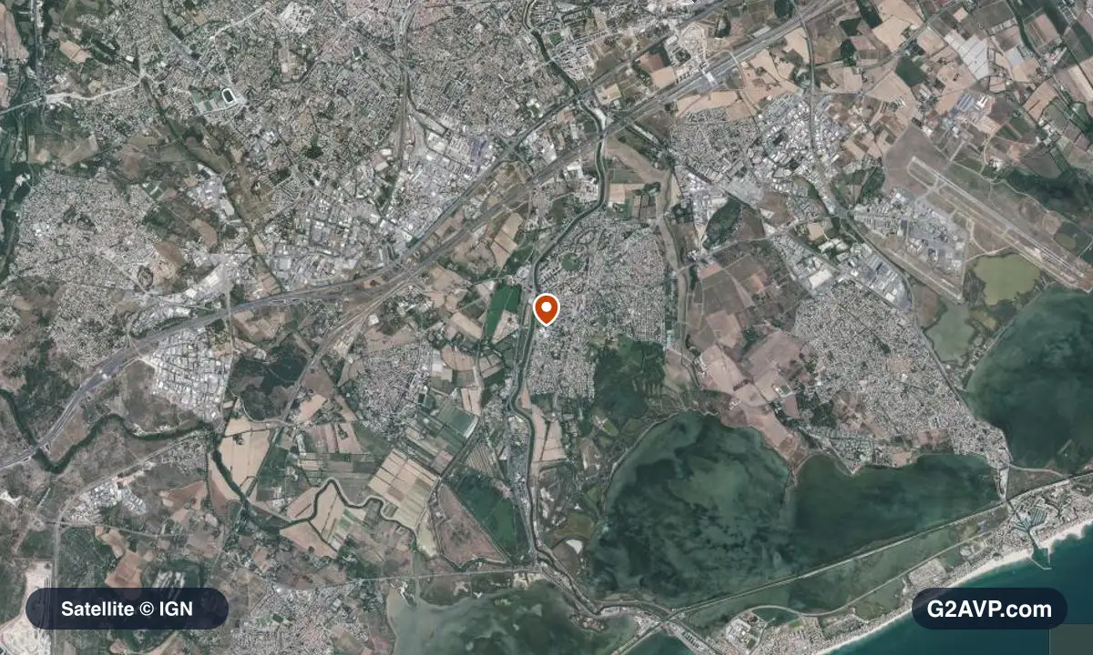 Vue satellite (orthophoto IGN) du secteur de Lattes, même emprise que la carte géologique