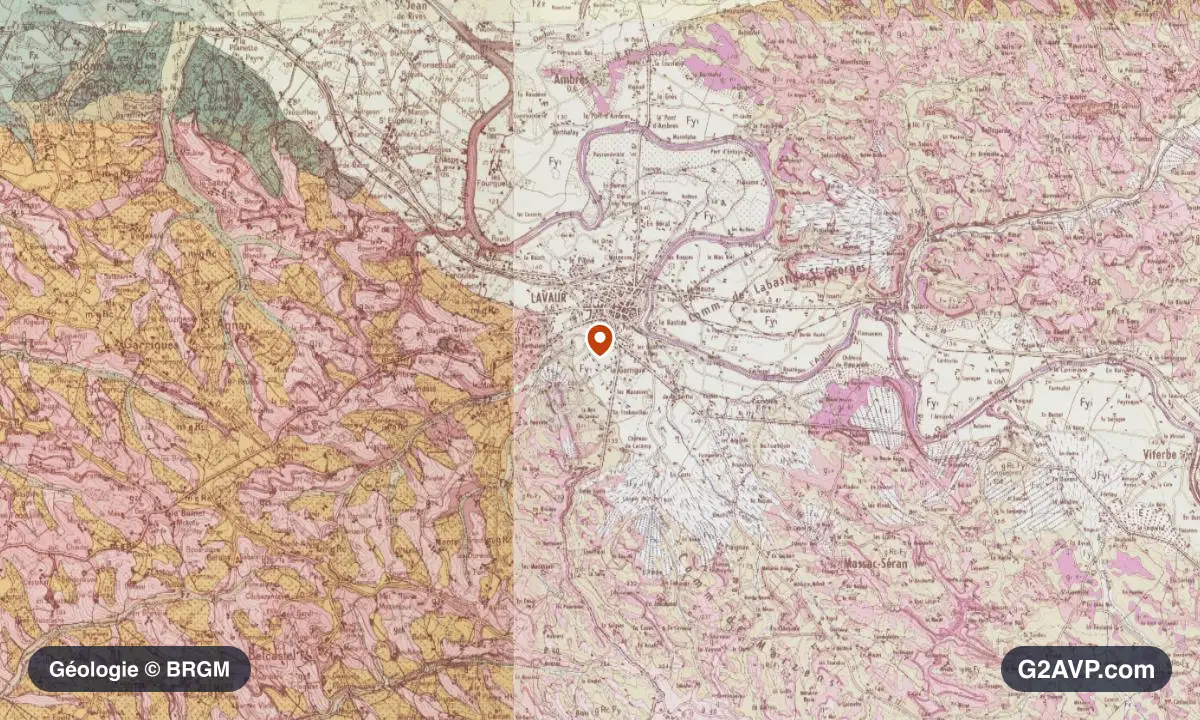 Carte géologique BRGM au 1/50 000 du secteur de Lavaur : argiles en formations dominantes, repère au centre de la commune