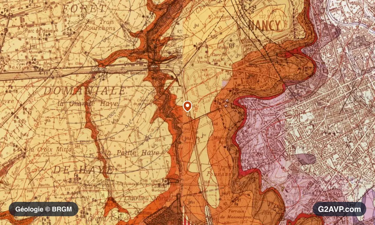 Carte géologique BRGM au 1/50 000 du secteur de Laxou : calcaires, marnes et gypse en formations dominantes, repère au centre de la commune