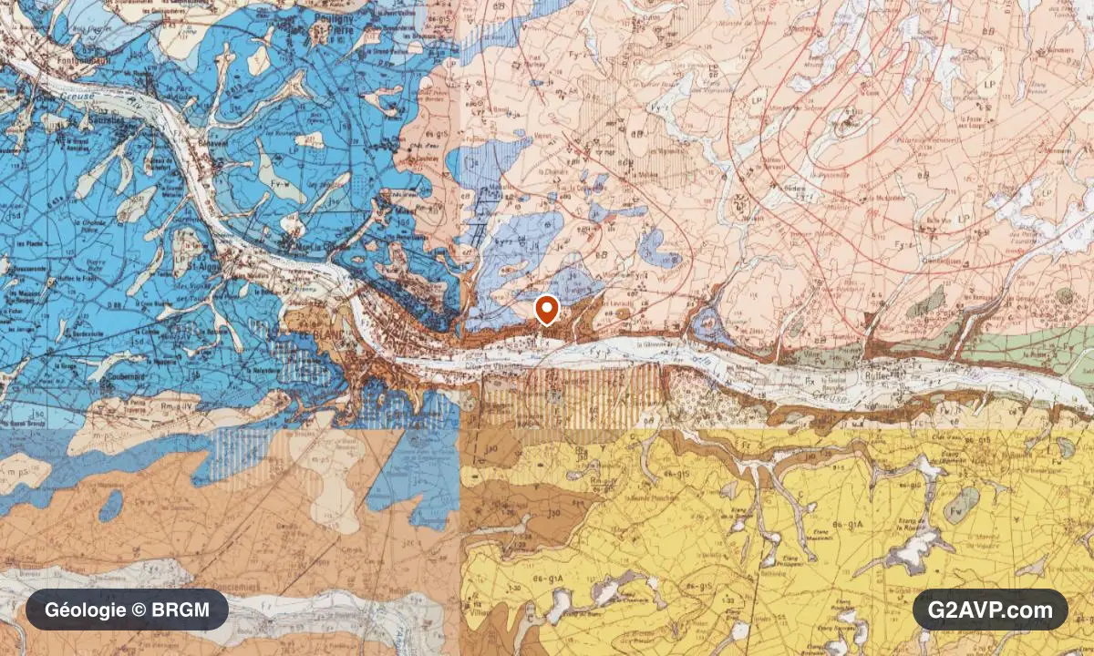 Carte géologique BRGM au 1/50 000 du secteur du Blanc : calcaires, marnes et gypse en formations dominantes, repère au centre de la commune