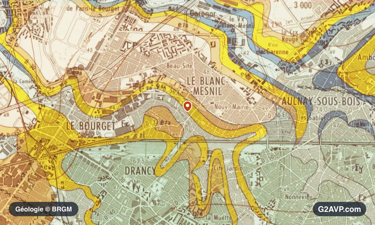 Carte géologique BRGM au 1/50 000 du secteur du Blanc-Mesnil : argiles en formations dominantes, repère au centre de la commune