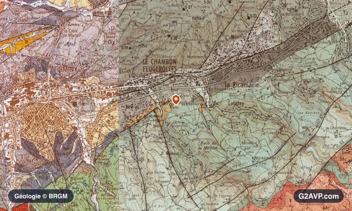 Carte géologique BRGM au 1/50 000 du secteur du Chambon-Feugerolles : grès en formations dominantes, repère au centre de la commune