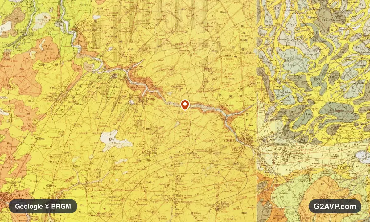 Carte géologique BRGM au 1/50 000 du secteur du Controis-en-Sologne : sables en formations dominantes, repère au centre de la commune