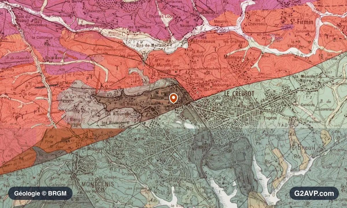 Carte géologique BRGM au 1/50 000 du secteur du Creusot : grès en formations dominantes, repère au centre de la commune