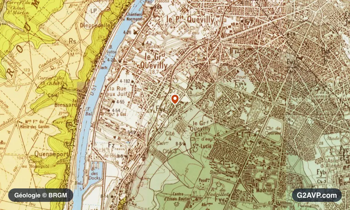 Carte géologique BRGM au 1/50 000 du secteur du Grand-Quevilly : argiles en formations dominantes, repère au centre de la commune