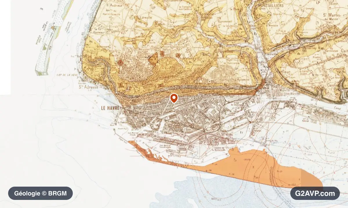 Carte géologique BRGM au 1/50 000 du secteur du Havre : sables en formations dominantes, repère au centre de la commune