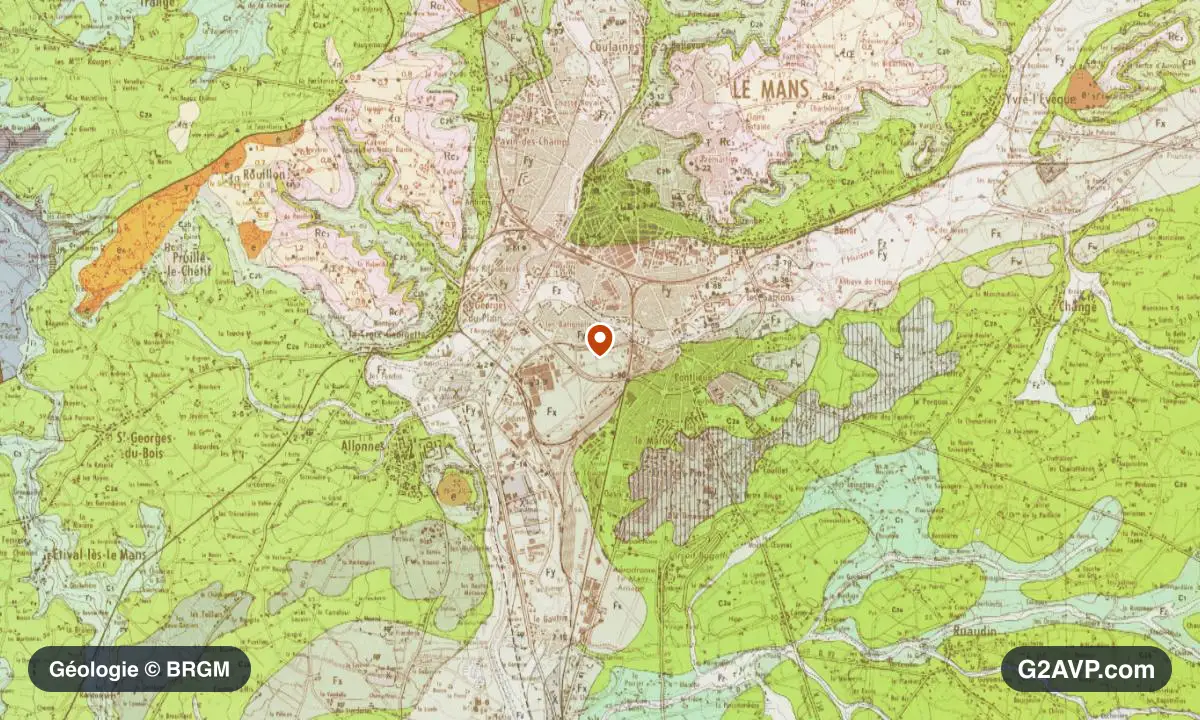 Carte géologique BRGM au 1/50 000 du secteur du Mans : craie en formations dominantes, repère au centre de la commune