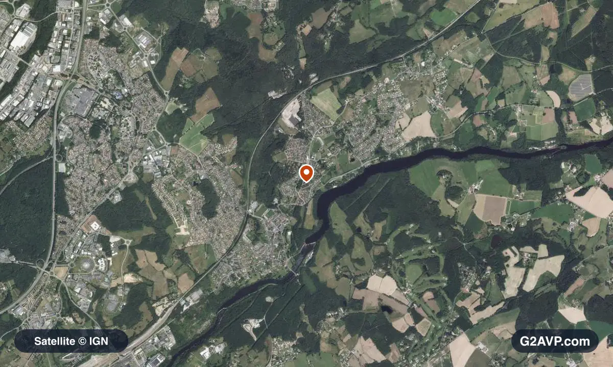 Vue satellite (orthophoto IGN) du secteur du Palais-sur-Vienne, même emprise que la carte géologique