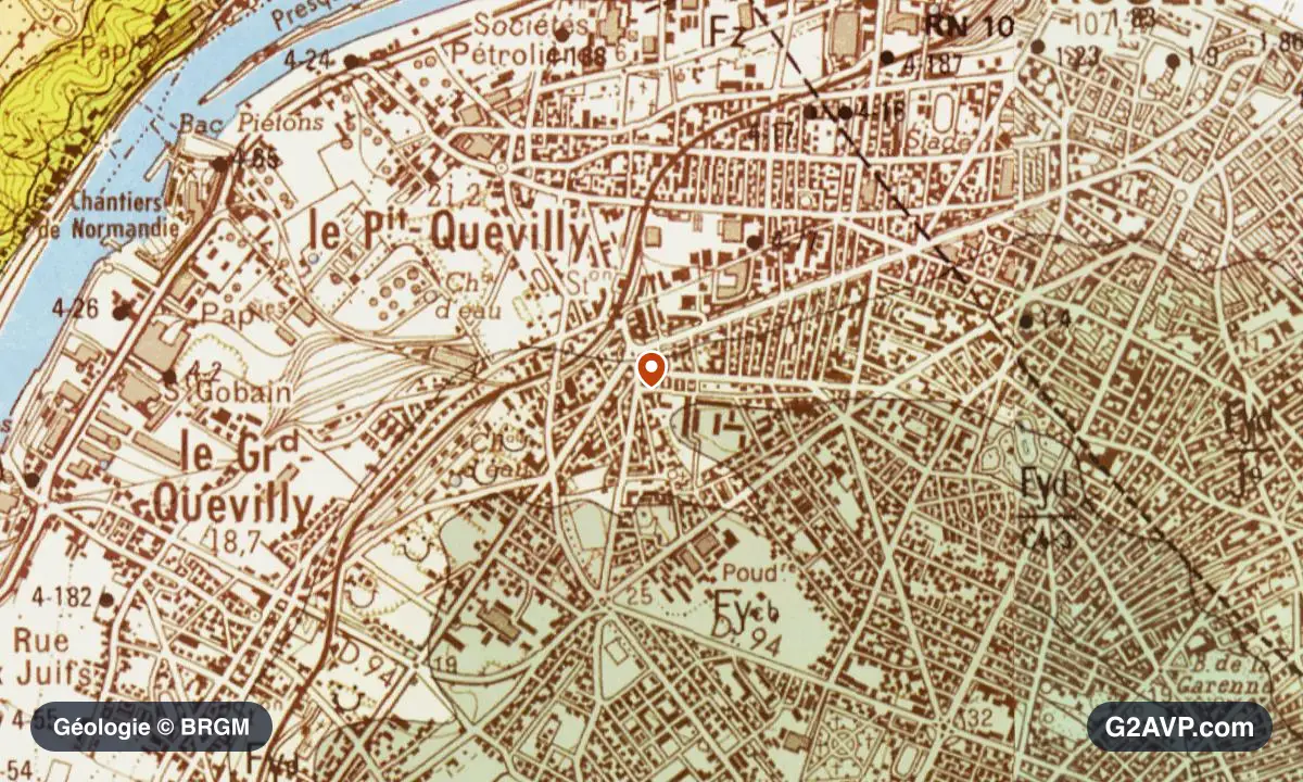 Carte géologique BRGM au 1/50 000 du secteur du Petit-Quevilly : argiles en formations dominantes, repère au centre de la commune