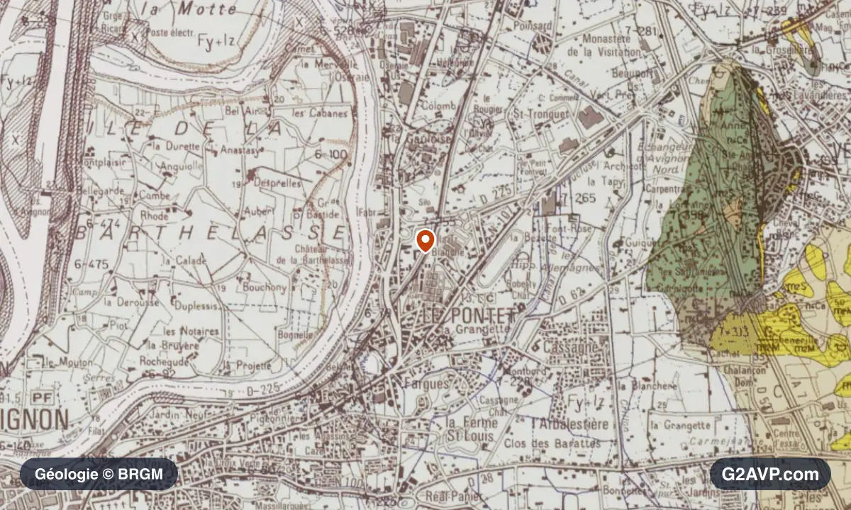 Carte géologique BRGM au 1/50 000 du secteur du Pontet : sables en formations dominantes, repère au centre de la commune