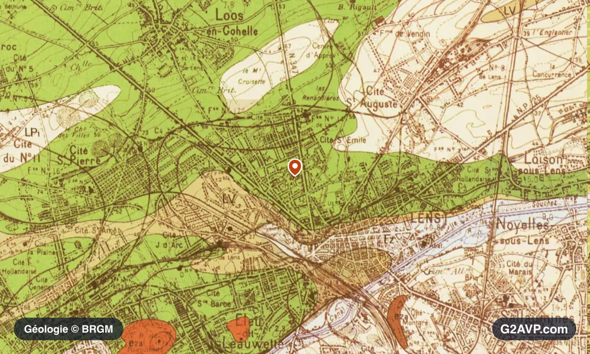 Carte géologique BRGM au 1/50 000 du secteur de Lens : craie en formations dominantes, repère au centre de la commune