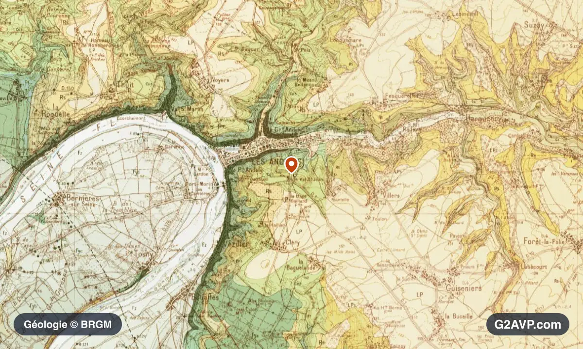 Carte géologique BRGM au 1/50 000 du secteur des Andelys : craie en formations dominantes, repère au centre de la commune