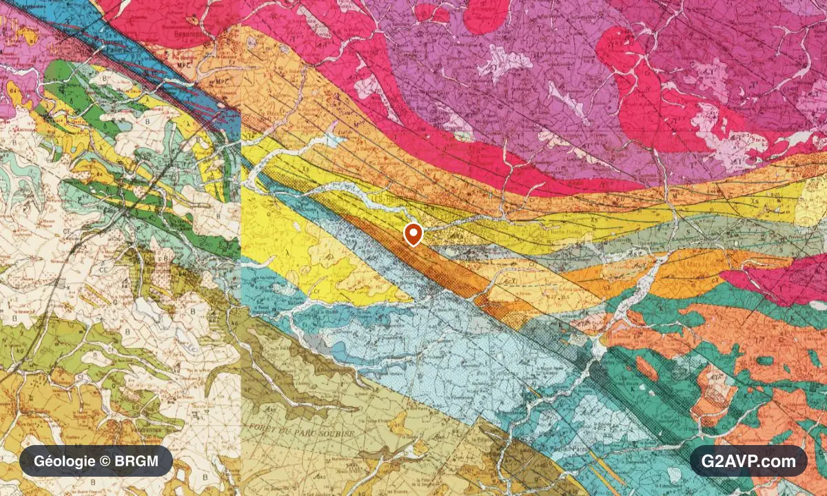 Carte géologique BRGM au 1/50 000 du secteur des Herbiers : argiles en formations dominantes, repère au centre de la commune