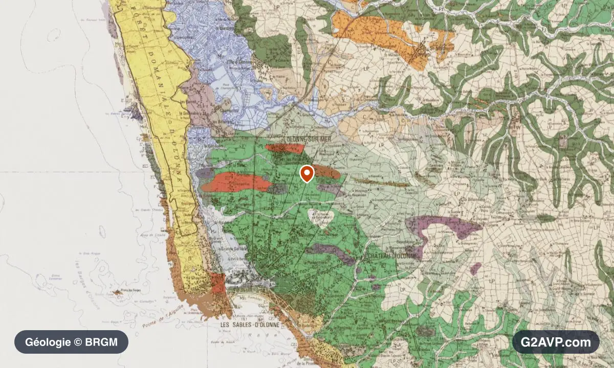 Carte géologique BRGM au 1/50 000 du secteur des Sables-d'Olonne : schistes et grès en formations dominantes, repère au centre de la commune