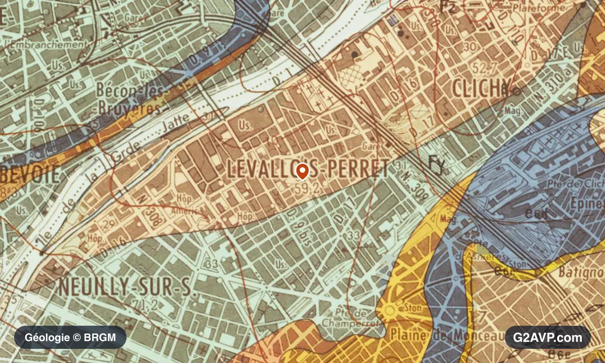 Carte géologique BRGM au 1/50 000 du secteur de Levallois-Perret : calcaires, marnes et gypse en formations dominantes, repère au centre de la commune