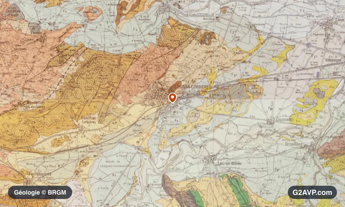 Carte géologique BRGM au 1/50 000 du secteur de Lézignan-Corbières : argiles en formations dominantes, repère au centre de la commune