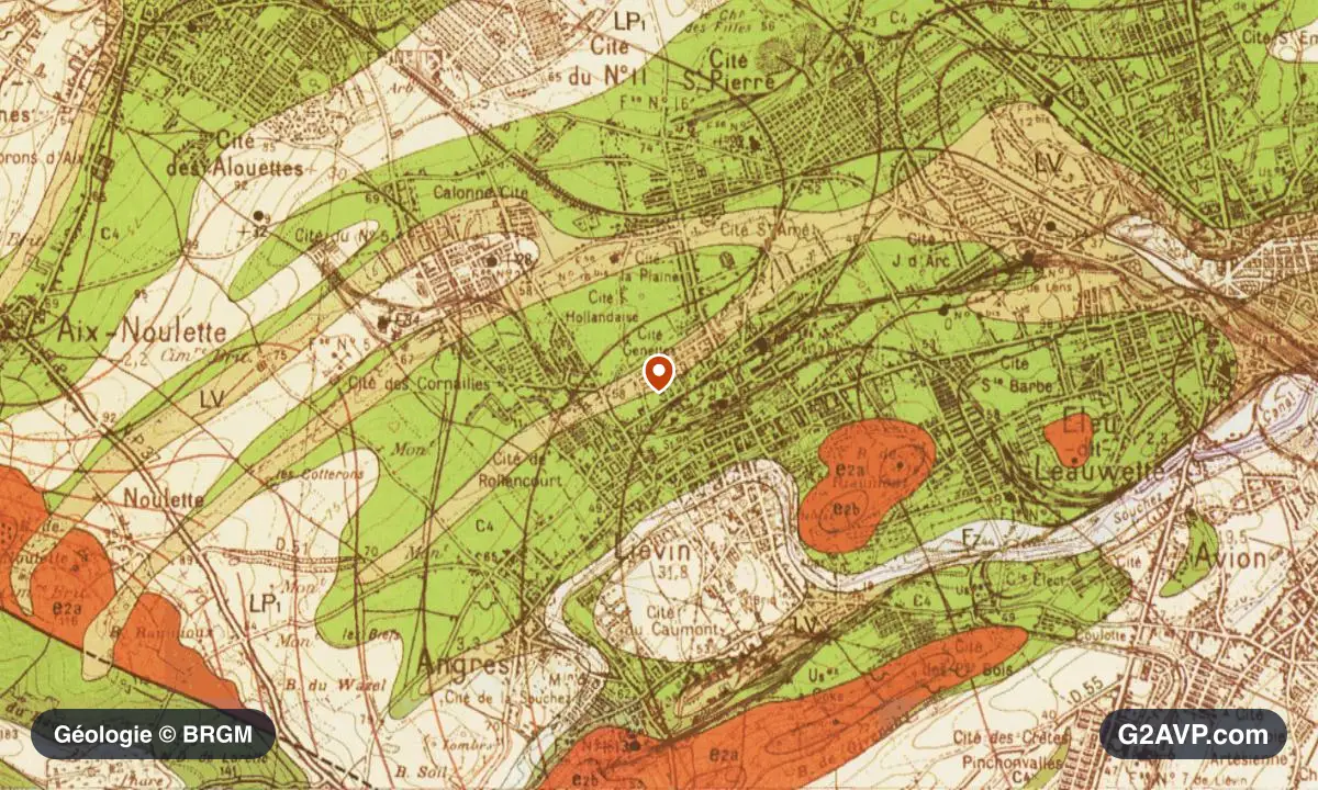 Carte géologique BRGM au 1/50 000 du secteur de Liévin : craie en formations dominantes, repère au centre de la commune