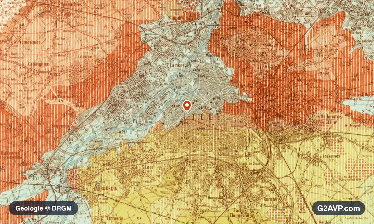 Carte géologique BRGM au 1/50 000 du secteur de Lille : sables en formations dominantes, repère au centre de la commune